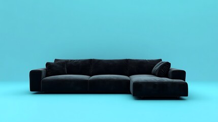 Ultra modern L shaped sofa in sleek black velvet on blue background