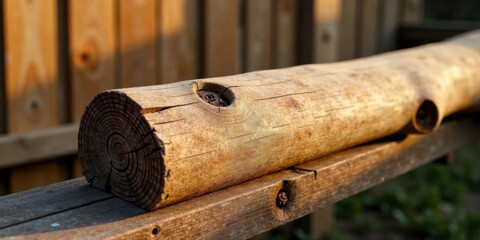 A weathered log rests on a rustic wooden surface, bathed in warm sunlight
