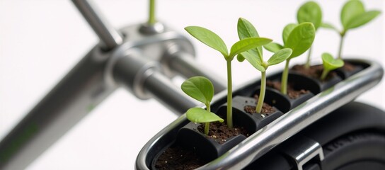 Futuristic seedlings sprout within self-powered cycling technology symbolizing a fusion of ecological harmony and technological advancement