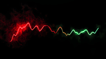 A glowing red line graph reversing into green, symbolizing financial recovery and growth on a black background. Riversong. Illustration