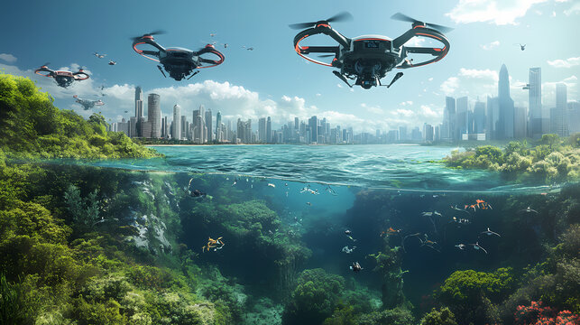 A futuristic technology reversing environmental damage, with drones cleaning up oceans and forests. Riversong. Illustration