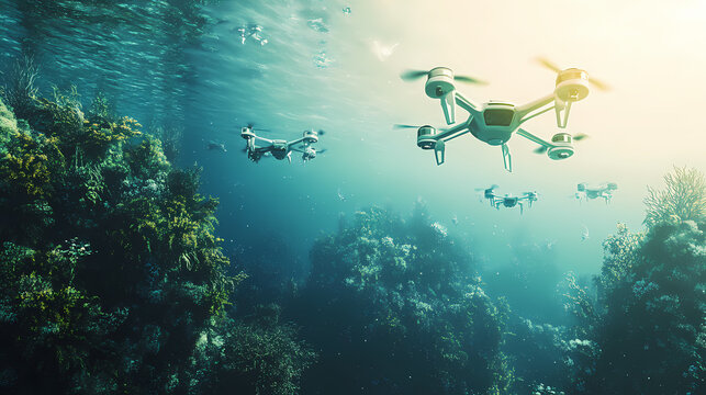 A futuristic technology reversing environmental damage, with drones cleaning up oceans and forests. Riversong. Illustration