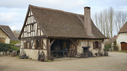 Medieval blacksmith’s house with forge and chimney, wooden beams, tools scattered in the yard, village background 