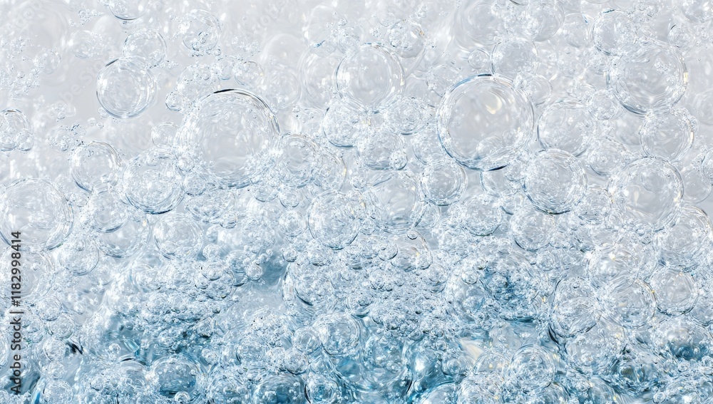 Poster close-up of numerous translucent bubbles in water.
