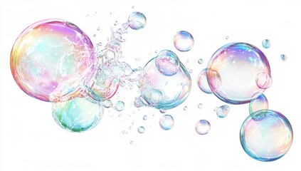 Iridescent soap bubbles and water splash isolated on white.