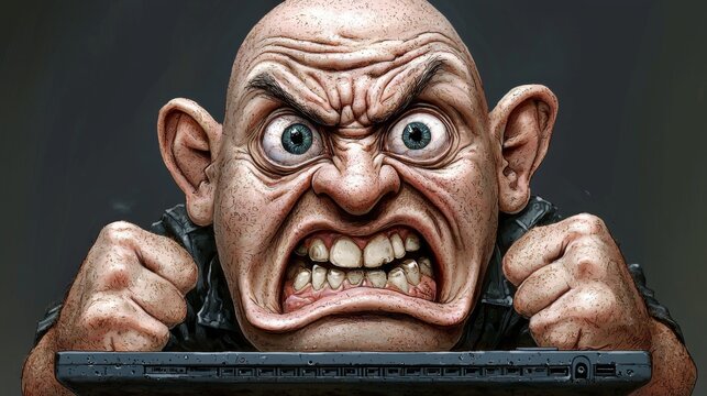 Angry Bald Man Frustrated with Laptop Digital Art Caricature Close up