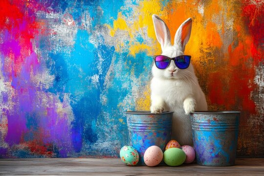 Cute white rabbit wearing sunglasses near colorful painted background with decorative eggs and metal buckets for Easter celebration or spring festival themes