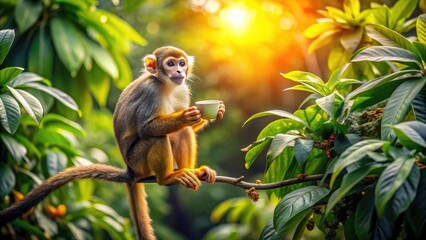 Obraz premium Playful Monkey Enjoying Coffee in a Lush Jungle - Panoramic Photography of a Monkey Holding a Cup of Coffee Surrounded by Vibrant Greenery and Tropical Plants