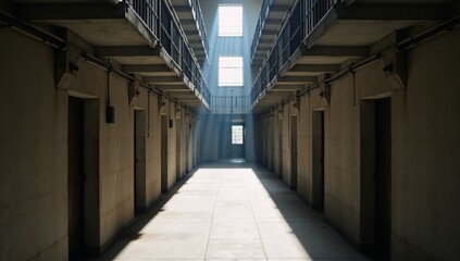 A sunlit prison hall exhibits rows of confined cells during a lockdown