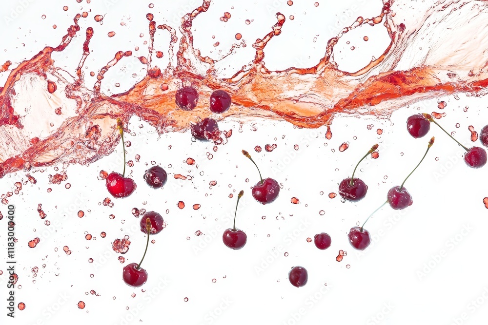 Poster cherries splashing in juice.