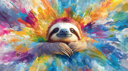 playful sloth resting in radiant sunshine, surrounded by vibrant colors