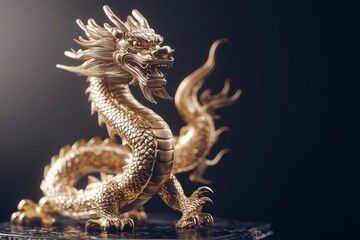 Obraz premium Detailed Golden Dragon Sculpture with Intricate Features and Textures Captured Against Dark Background for Artistic and Cultural Visual Needs