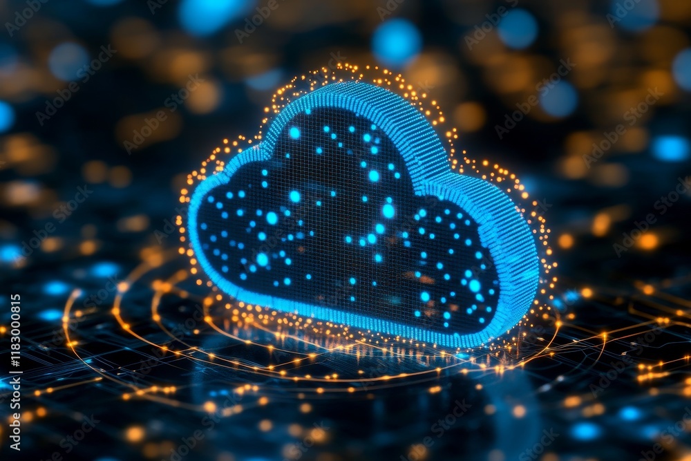 Poster digital cloud rendering with blue neon glow on dark background representing modern data storage conc