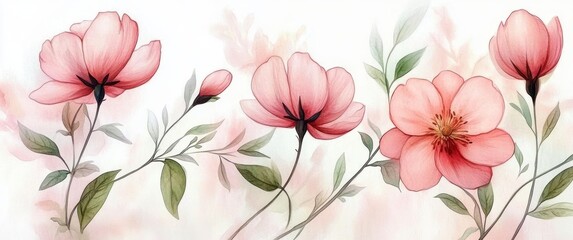Delicate Watercolor Painting of Pink Flowers and Green Leaves Floral Arrangement
