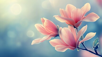 Fototapeta premium Delicate Pink Magnolia Blossoms Against Soft Blue Sky