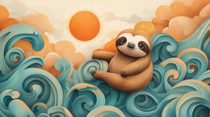 Fototapeta premium sloth relaxing in vibrant waves under radiant sun, surrounded by soft clouds. This whimsical scene captures serene and joyful atmosphere
