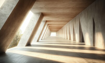 minimalist concrete corridor with dramatic natural light and symmetrical design