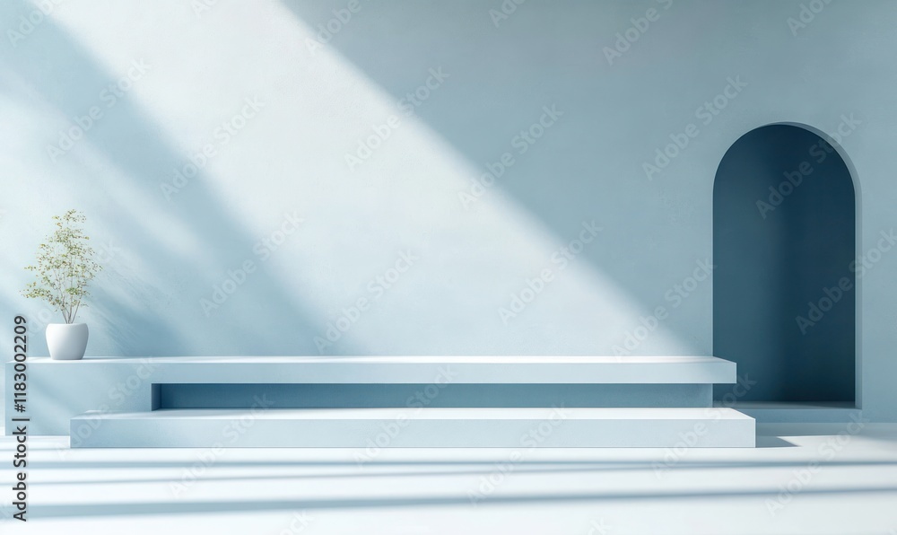 Poster minimalist geometric stage for product display in soft blue and white tones