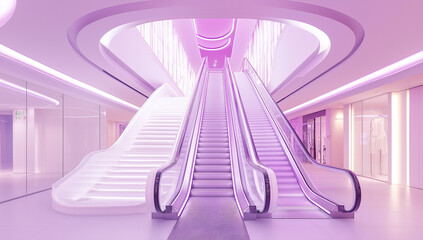 A vibrant purplelit mall interior showcases escalators and stairs, sleek design, and modern retail stores. Pink lighting bathes the space, creating a visually striking atmosphere.
