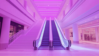 A vibrant purplelit mall interior showcases escalators and stairs, sleek design, and modern retail stores. Pink lighting bathes the space, creating a visually striking atmosphere.