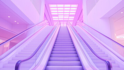 A vibrant purplelit mall interior showcases escalators and stairs, sleek design, and modern retail stores. Pink lighting bathes the space, creating a visually striking atmosphere.