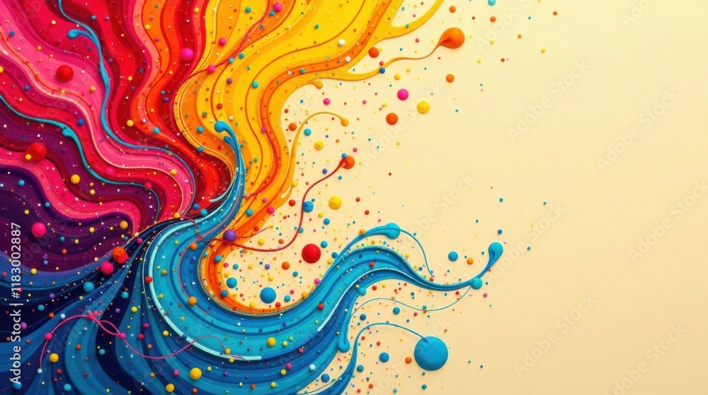 Poster Vibrant Swirls of Color with Scattered Paint Drops on a Pale Background