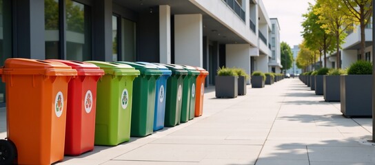 Fototapeta premium Colorful recycling bins arrayed in a sleek contemporary cityscape promote sustainable living
