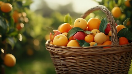 Wicker Basket Overflowing with Bright Fruits Including Oranges, Apples, and Lemons in a Scenic Orchard Setting