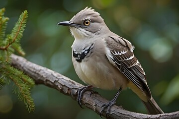 Fototapeta premium A majestic Northern mockingbird perched on a branch, its feathers ruffled by a gentle breeze, its beady eyes scanning the surroundings with curiosity.