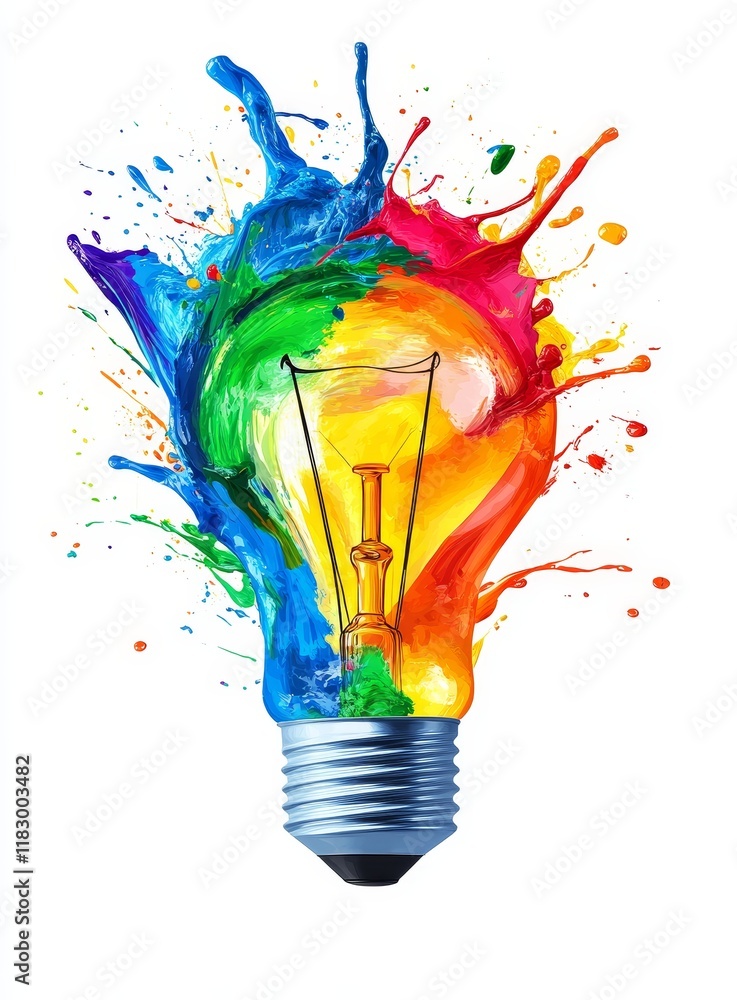 Poster colorful paint splash exploding from a lightbulb.