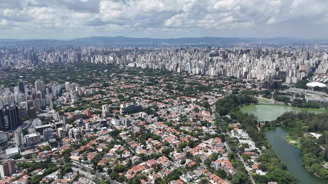 Aerial video above Parque Ibirapuera Sao Paulo on a sunny day