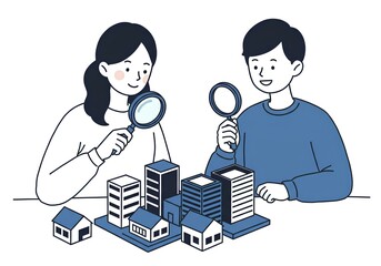 小さな家やビルの模型。住宅を見比べている夫婦のイラスト｜Small house and building models. Illustration of a couple comparing houses.