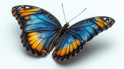 Fototapeta premium A vibrant butterfly with blue and orange wings displayed against a light background.