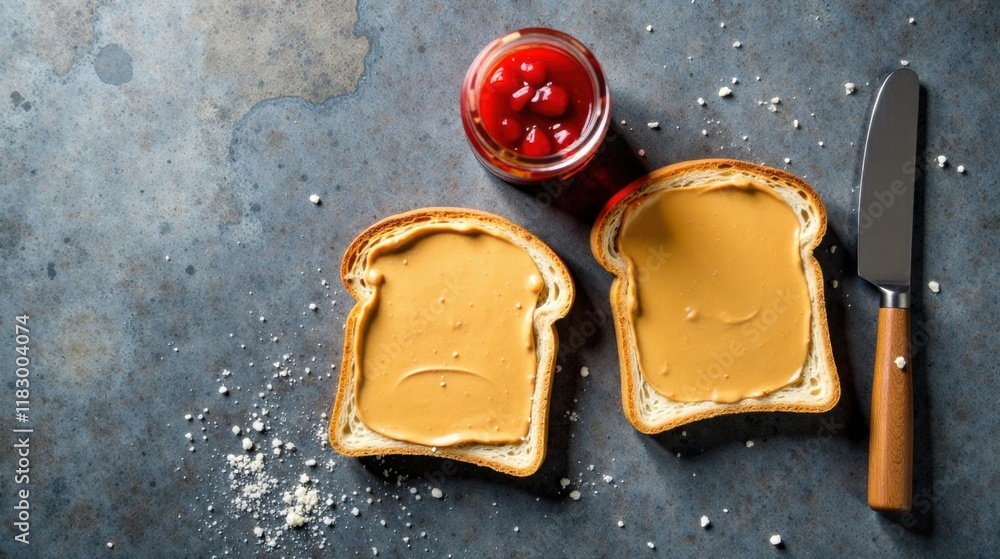 Poster peanut butter and jelly on toasted bread with a butter knife