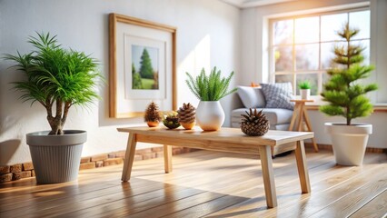 Scandinavian Rustic Living Room: Tilt-Shift Photography of Cozy Interior Design with Wooden Bench, Plants & Pine Cones