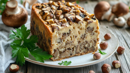 Mushroom, Comté, Hazelnut & Parsley Cake, Close-Up Slice on Plate
