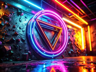 Generative AI paints a deep-focus cyberpunk nightscape: a vibrant neon sign pulses, 80s retro future.