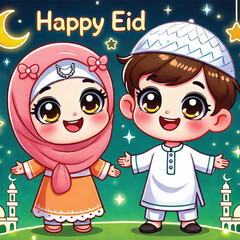 Muslim cartoon little girl and boy saying happy eid