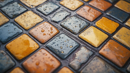 Fototapeta premium Colorful tiles on terrace with raindrops, creating vibrant and wet atmosphere. mix of yellow, orange, and gray tiles adds unique charm to rainy day scene
