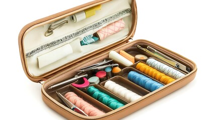 Naklejka premium A brown case with a variety of sewing supplies