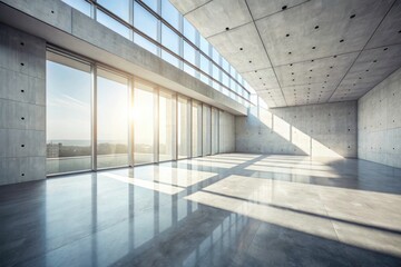 Grey concrete hallway bathed in sunlight, showcasing clean lines and a minimalist aesthetic.
