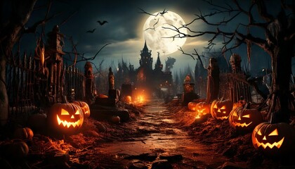 할로윈데이를 상징하는 성, 박쥐, 호박, 음산한 분위기, 밤, 달이 있는 풍경