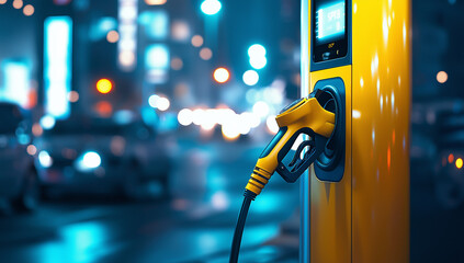 A yellow electric vehicle charging station at night. The station has a digital display and a charging cable is plugged in. Blurred city lights are in the background.