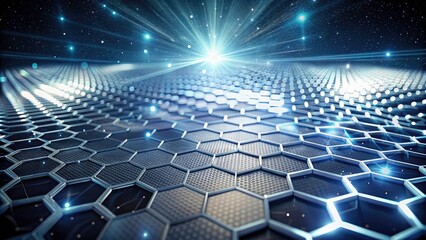 Obraz premium Honeycomb structure visualizes dynamic particle wave data; 3D abstract design, advanced technology background.