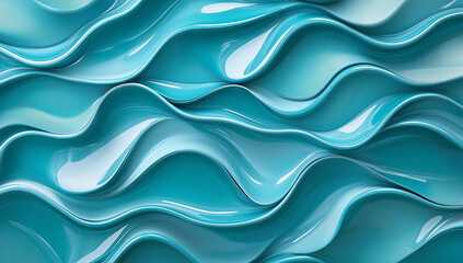 Fototapeta premium A digitally rendered image showcasing flowing, teal liquid forming elegant, undulating waves. The smooth surface reflects light, creating a glossy, abstract design.