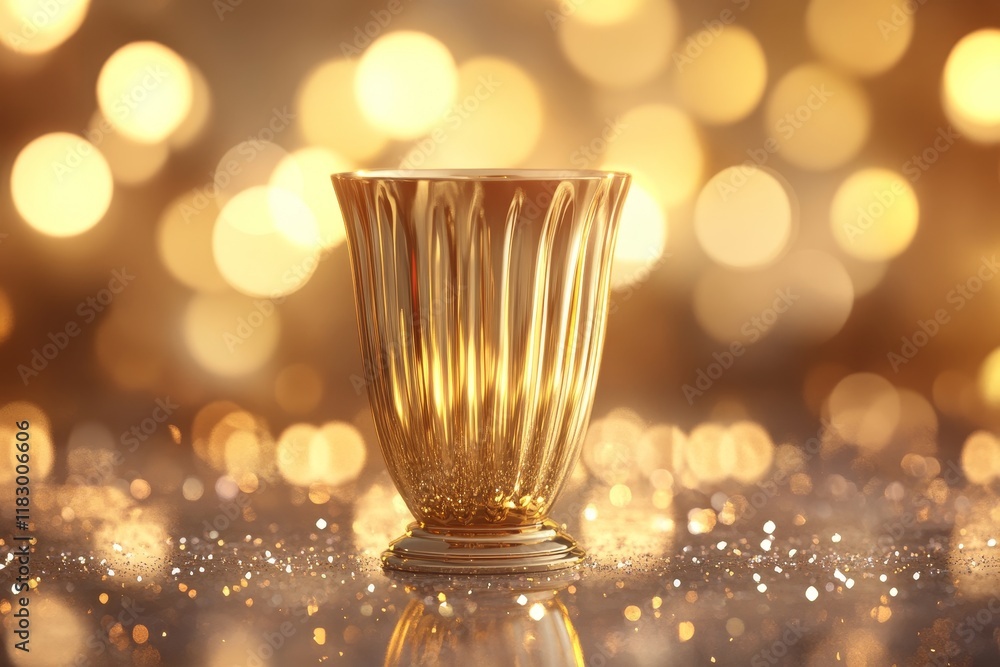 Poster elegant golden glass in front of sparkling background with warm glow and shimmering bokeh for celebr