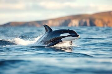 Fototapeta premium An orca leaps from the ocean, showcasing its black and white coloration against a backdrop of dramatic cliffs and soft sunset light. The moment captures the beauty of marine life