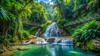 Fototapeta premium Jamaica's Konoko Falls: experience stunning waterfall vistas & vibrant rainforest from the park's bridge.