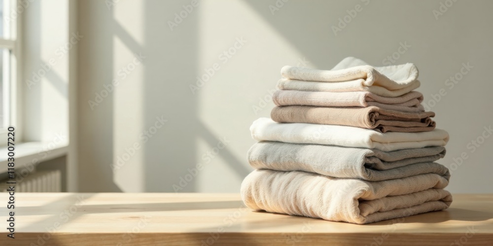 Poster Neatly Stacked Soft Textiles on a Wooden Surface in Sunlight