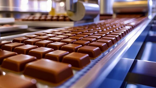 Rows of freshly made chocolates move along a production line, showcasing the process in a chocolate factory. The setting suggests efficiency and the concept of mass production.